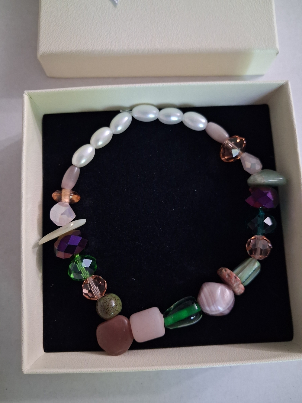 Multicolor Beaded Stone Stretch Bracelet - Pink & Green Accent